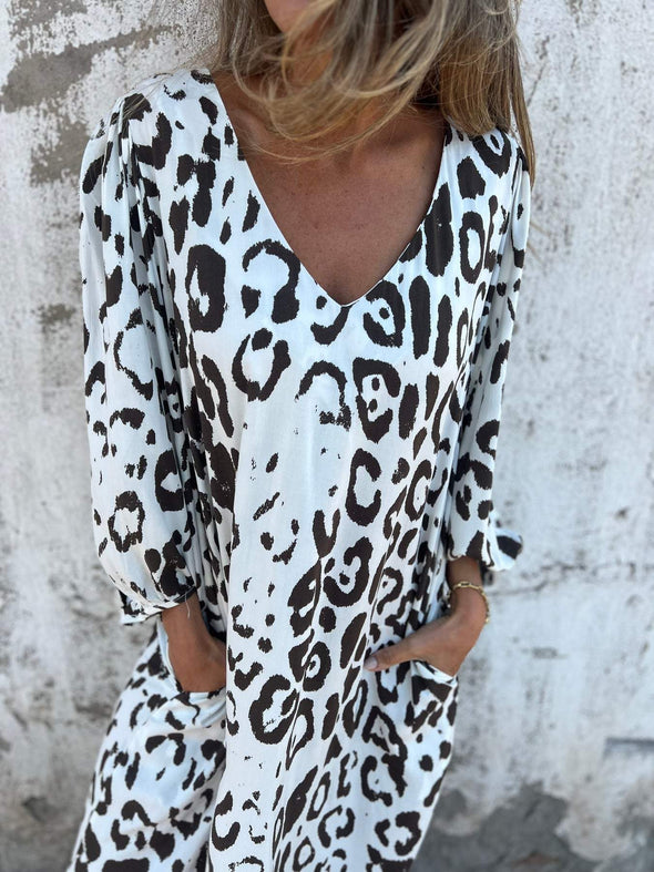 Women's V-neck Long-sleeved Leopard Print Dress