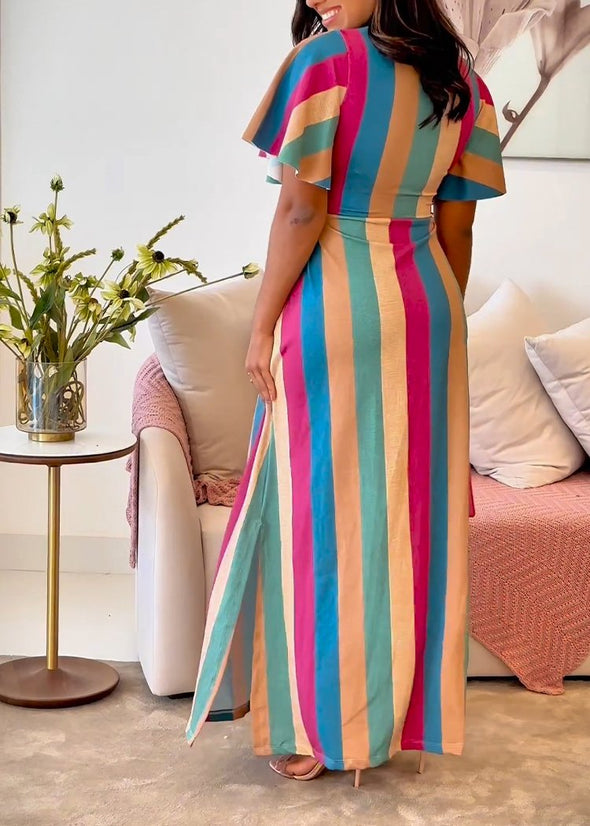 V-neck Short-sleeved Rainbow Striped Dress