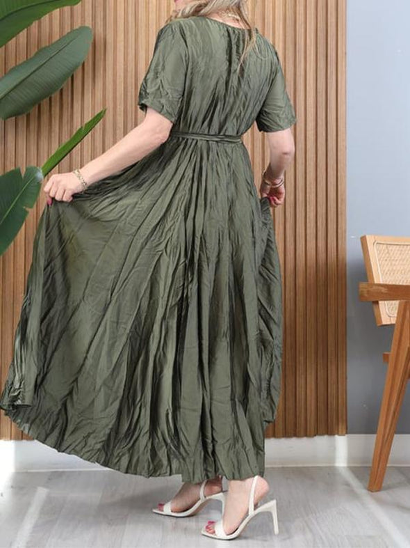 Women's V-neck Solid Color Pleated Dress