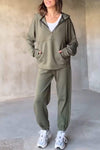 Women's Casual Hooded Solid Color Half-zip Two-piece Suit