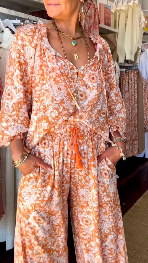 Floral V-neck Long-sleeved Two-piece Suit