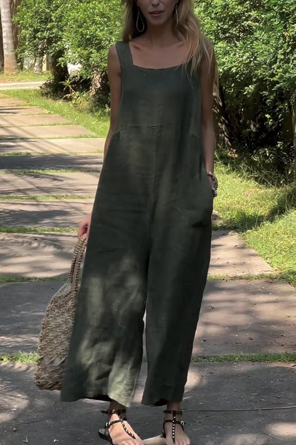 Solid color cotton and linen jumpsuit