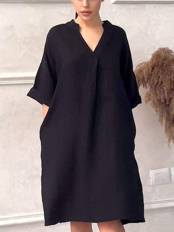 Comfortable spring and summer cotton and linen v-neck solid color dress