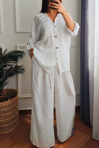 Hem drawstring cotton and linen two-piece set