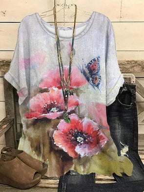 Casual Round Neck Printed Short-sleeved Top