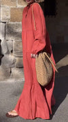 Women's Round Neck Long Sleeve Casual Cotton and Linen Dress