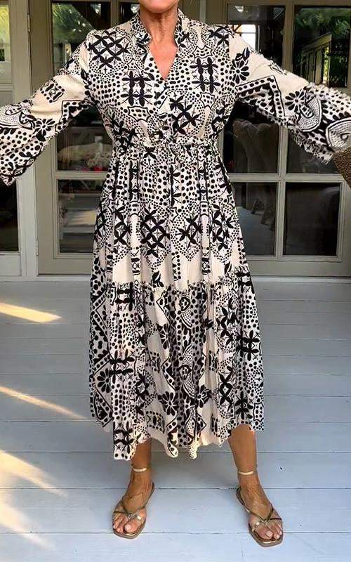 Casual V-neck Long-sleeved Printed Dress