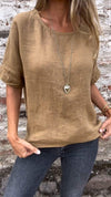 Round Neck Short Sleeve Cotton and Linen Top