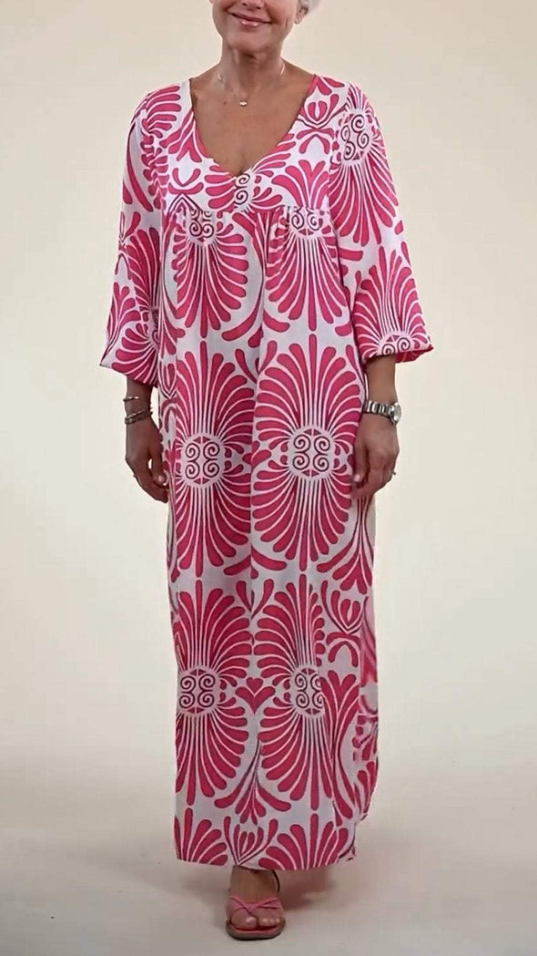 V-neck Mid-sleeve Printed Casual Dress