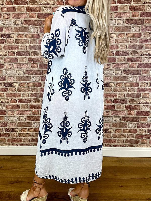 Lapel Printed Mid-sleeve Dress