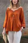 Women's Casual V-neck Solid Color Cotton and Linen Top