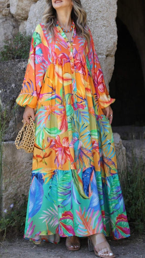 Large Floral Gradient Print Long Dress