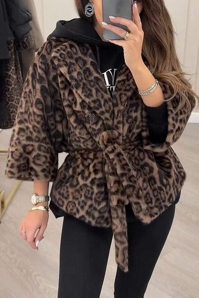 Women's Casual Lapel Leopard Print Fur Coat